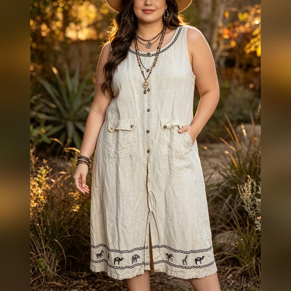 Annex Woman 20W Beige Linen Blend Midi Dress Embroidered Elephant Hem Sleeveless
